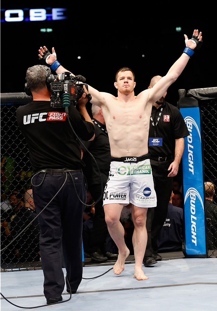 BERLIN, GERMANY - MAY 31: C.B. Dollaway enters the octagon for the C.B. Dollaway vs. Francis Carmont match at UFC Fight Night Berlin event at O2 World on May 31, 2014 in Berlin, Germany. (Photo by Boris Streubel/Zuffa LLC/Zuffa LLC via Getty Images)