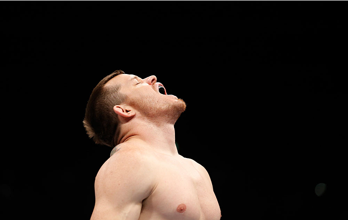 BERLIN, GERMANY - MAY 31: C.B. Dollaway enters the ring for the C.B. Dollaway vs. Francis Carmont match at UFC Fight Night Berlin event at O2 World on May 31, 2014 in Berlin, Germany. (Photo by Boris Streubel/Zuffa LLC/Zuffa LLC via Getty Images)