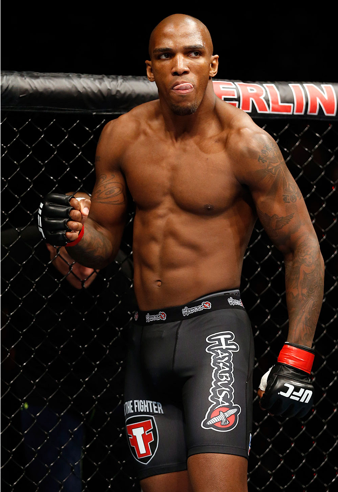 BERLIN, GERMANY - MAY 31: Francis Carmont stands in the octagon during the C.B. Dollaway vs. Francis Carmont match at UFC Fight Night Berlin event at O2 World on May 31, 2014 in Berlin, Germany. (Photo by Boris Streubel/Zuffa LLC/Zuffa LLC via Getty Imag