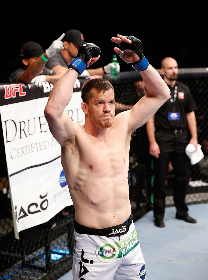 BERLIN, GERMANY - MAY 31: C.B. Dollaway enters the ring for the C.B. Dollaway vs. Francis Carmont match at UFC Fight Night Berlin event at O2 World on May 31, 2014 in Berlin, Germany. (Photo by Boris Streubel/Zuffa LLC/Zuffa LLC via Getty Images)