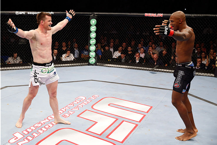 BERLIN, GERMANY - MAY 31: C.B. Dollaway (L) fights Francis Carmont during the C.B. Dollaway vs. Francis Carmont match at UFC Fight Night Berlin event at O2 World on May 31, 2014 in Berlin, Germany. (Photo by Boris Streubel/Zuffa LLC/Zuffa LLC via Getty I