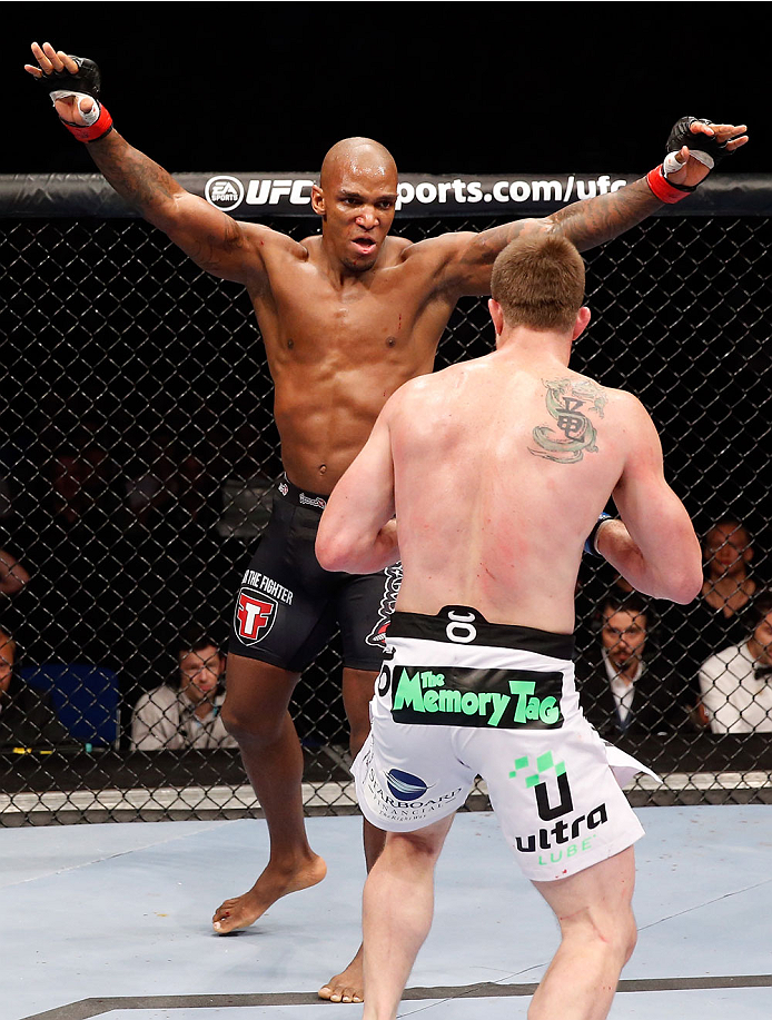 BERLIN, GERMANY - MAY 31: C.B. Dollaway (R) fights Francis Carmont during the C.B. Dollaway vs. Francis Carmont match at UFC Fight Night Berlin event at O2 World on May 31, 2014 in Berlin, Germany. (Photo by Boris Streubel/Zuffa LLC/Zuffa LLC via Getty I