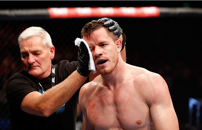 BERLIN, GERMANY - MAY 31: C.B. Dollaway cools off after winning the C.B. Dollaway vs. Francis Carmont match at UFC Fight Night Berlin event at O2 World on May 31, 2014 in Berlin, Germany. (Photo by Boris Streubel/Zuffa LLC/Zuffa LLC via Getty Images)