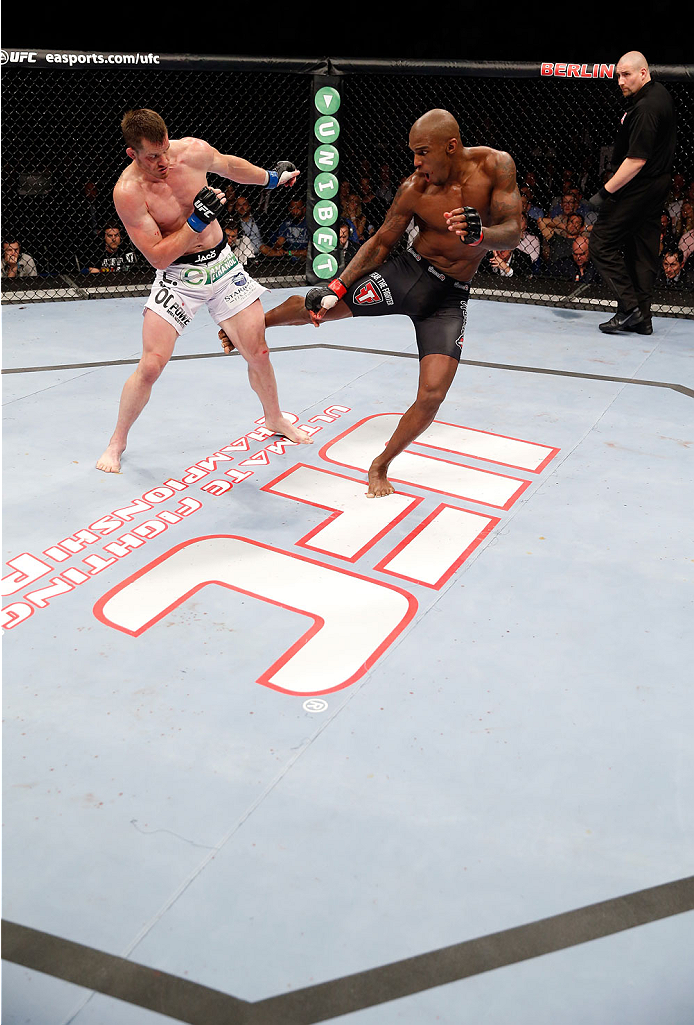 BERLIN, GERMANY - MAY 31: C.B. Dollaway (L) fights Francis Carmont during the C.B. Dollaway vs. Francis Carmont match at UFC Fight Night Berlin event at O2 World on May 31, 2014 in Berlin, Germany. (Photo by Boris Streubel/Zuffa LLC/Zuffa LLC via Getty I