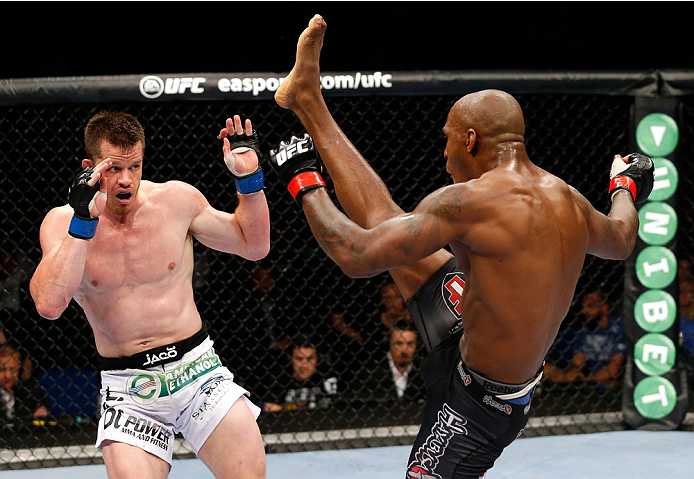 BERLIN, GERMANY - MAY 31: C.B. Dollaway (L) fights Francis Carmont during the C.B. Dollaway vs. Francis Carmont match at UFC Fight Night Berlin event at O2 World on May 31, 2014 in Berlin, Germany. (Photo by Boris Streubel/Zuffa LLC/Zuffa LLC via Getty I