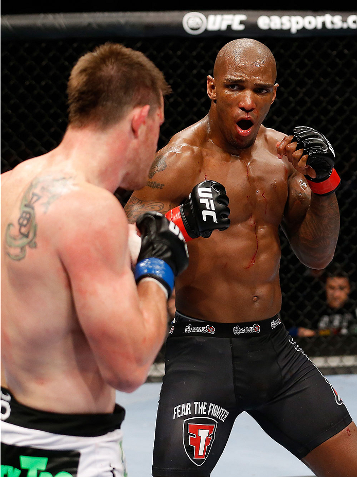 BERLIN, GERMANY - MAY 31: C.B. Dollaway (L) fights Francis Carmont during the C.B. Dollaway vs. Francis Carmont match at UFC Fight Night Berlin event at O2 World on May 31, 2014 in Berlin, Germany. (Photo by Boris Streubel/Zuffa LLC/Zuffa LLC via Getty I
