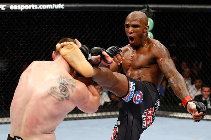 BERLIN, GERMANY - MAY 31: C.B. Dollaway (L) fights Francis Carmont during the C.B. Dollaway vs. Francis Carmont match at UFC Fight Night Berlin event at O2 World on May 31, 2014 in Berlin, Germany. (Photo by Boris Streubel/Zuffa LLC/Zuffa LLC via Getty I