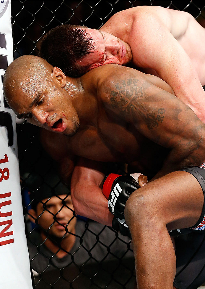 BERLIN, GERMANY - MAY 31: C.B. Dollaway (R) fights Francis Carmont during the C.B. Dollaway vs. Francis Carmont match at UFC Fight Night Berlin event at O2 World on May 31, 2014 in Berlin, Germany. (Photo by Boris Streubel/Zuffa LLC/Zuffa LLC via Getty I