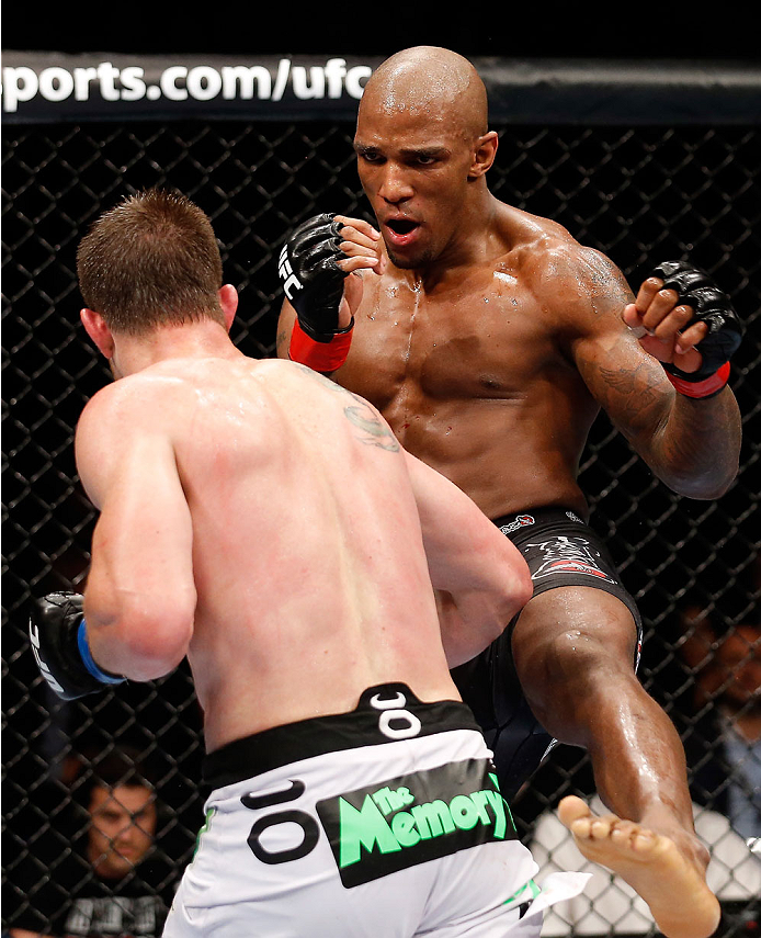 BERLIN, GERMANY - MAY 31: C.B. Dollaway (L) fights Francis Carmont during the C.B. Dollaway vs. Francis Carmont match at UFC Fight Night Berlin event at O2 World on May 31, 2014 in Berlin, Germany. (Photo by Boris Streubel/Zuffa LLC/Zuffa LLC via Getty I