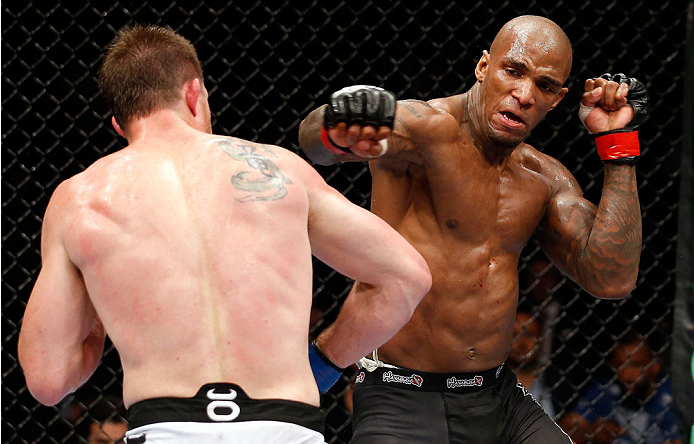 BERLIN, GERMANY - MAY 31: C.B. Dollaway (L) fights Francis Carmont during the C.B. Dollaway vs. Francis Carmont match at UFC Fight Night Berlin event at O2 World on May 31, 2014 in Berlin, Germany. (Photo by Boris Streubel/Zuffa LLC/Zuffa LLC via Getty I