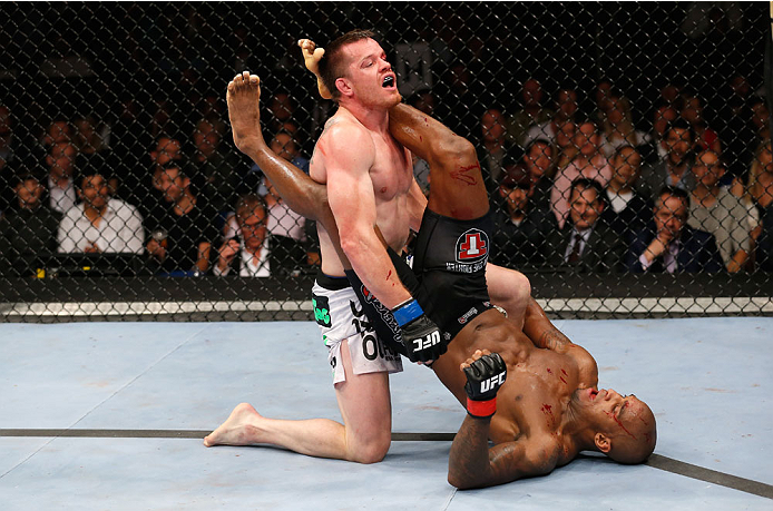BERLIN, GERMANY - MAY 31: C.B. Dollaway (L) fights Francis Carmont during the C.B. Dollaway vs. Francis Carmont match at UFC Fight Night Berlin event at O2 World on May 31, 2014 in Berlin, Germany. (Photo by Boris Streubel/Zuffa LLC/Zuffa LLC via Getty I