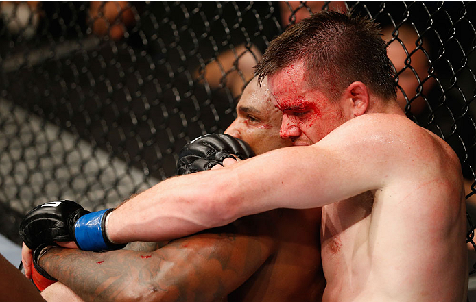 BERLIN, GERMANY - MAY 31: C.B. Dollaway (R) fights Francis Carmont during the C.B. Dollaway vs. Francis Carmont match at UFC Fight Night Berlin event at O2 World on May 31, 2014 in Berlin, Germany. (Photo by Boris Streubel/Zuffa LLC/Zuffa LLC via Getty I