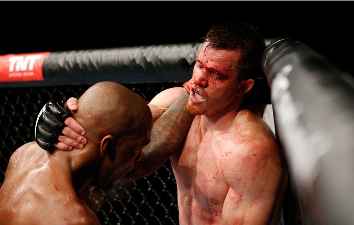 BERLIN, GERMANY - MAY 31: C.B. Dollaway (R) fights Francis Carmont during the C.B. Dollaway vs. Francis Carmont match at UFC Fight Night Berlin event at O2 World on May 31, 2014 in Berlin, Germany. (Photo by Boris Streubel/Zuffa LLC/Zuffa LLC via Getty I
