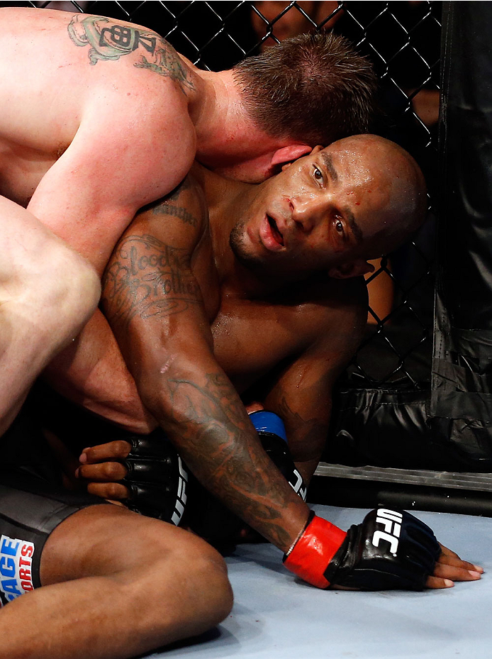 BERLIN, GERMANY - MAY 31: C.B. Dollaway (L) fights Francis Carmont during the C.B. Dollaway vs. Francis Carmont match at UFC Fight Night Berlin event at O2 World on May 31, 2014 in Berlin, Germany. (Photo by Boris Streubel/Zuffa LLC/Zuffa LLC via Getty I