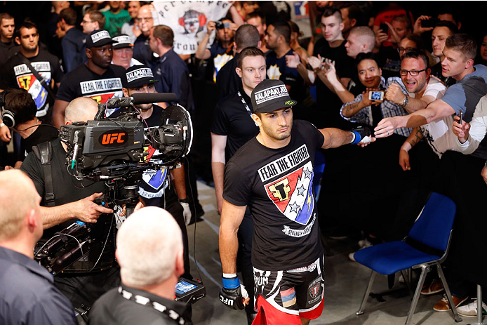 BERLIN, GERMANY - MAY 31: Gegard Mousasi enters the octagon for the Gegard Mousasi vs. Mark Munoz match at UFC Fight Night Berlin event at O2 World on May 31, 2014 in Berlin, Germany. (Photo by Boris Streubel/Zuffa LLC/Zuffa LLC via Getty Images)