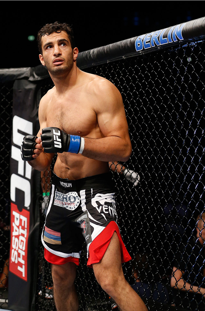 BERLIN, GERMANY - MAY 31: Gegard Mousasi enters the octagon for the Gegard Mousasi vs. Mark Munoz match at UFC Fight Night Berlin event at O2 World on May 31, 2014 in Berlin, Germany. (Photo by Boris Streubel/Zuffa LLC/Zuffa LLC via Getty Images)