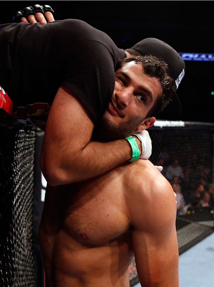 BERLIN, GERMANY - MAY 31: Gegard Mousasi (R) celebrates after winning the Gegard Mousasi vs. Mark Munoz match at UFC Fight Night Berlin event at O2 World on May 31, 2014 in Berlin, Germany. (Photo by Boris Streubel/Zuffa LLC/Zuffa LLC via Getty Images)