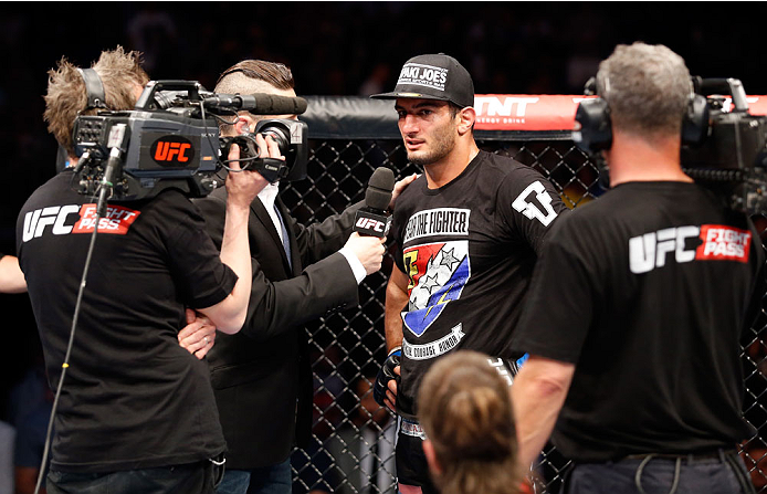 BERLIN, GERMANY - MAY 31: Gegard Mousasi (C) speaks to the media after winning the Gegard Mousasi vs. Mark Munoz match at UFC Fight Night Berlin event at O2 World on May 31, 2014 in Berlin, Germany. (Photo by Boris Streubel/Zuffa LLC/Zuffa LLC via Getty