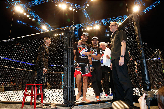 BERLIN, GERMANY - MAY 31: Gegard Mousasi (C L) leaves the octagon after winning the Gegard Mousasi vs. Mark Munoz match at UFC Fight Night Berlin event at O2 World on May 31, 2014 in Berlin, Germany. (Photo by Boris Streubel/Zuffa LLC/Zuffa LLC via Getty