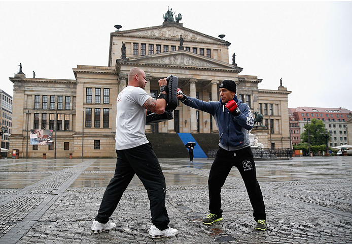 BERLIN, GERMANY - MAY 28: Nick Hein (R) holds a Guerillia open air training session for fans and media at Gendarmenmarkt on May 28, 2014 in Berlin, Germany. (Photo by Boris Streubel/Zuffa LLC/Zuffa LLC via Getty Images)
