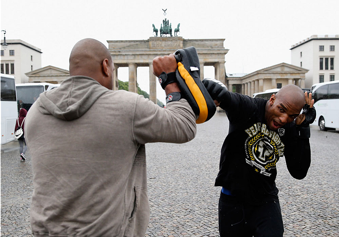 BERLIN, GERMANY - MAY 28: Francis Carmont (R) holds a Guerillia open air training session for fans and media at Brandenburg Gate on May 28, 2014 in Berlin, Germany. (Photo by Boris Streubel/Zuffa LLC/Zuffa LLC via Getty Images)