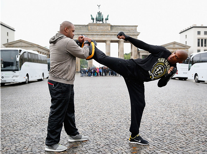 BERLIN, GERMANY - MAY 28: Francis Carmont (R) holds a Guerillia open air training session for fans and media at Brandenburg Gate on May 28, 2014 in Berlin, Germany. (Photo by Boris Streubel/Zuffa LLC/Zuffa LLC via Getty Images)