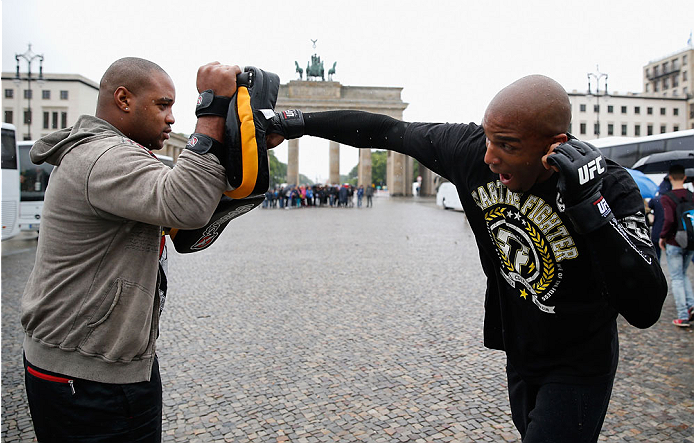 BERLIN, GERMANY - MAY 28: Francis Carmont (R) holds a Guerillia open air training session for fans and media at Brandenburg Gate on May 28, 2014 in Berlin, Germany. (Photo by Boris Streubel/Zuffa LLC/Zuffa LLC via Getty Images)