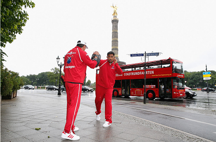 BERLIN, GERMANY - MAY 28: Mark Munoz (R) holds a Guerillia open air training session for fans and media at Victoria Statue on May 28, 2014 in Berlin, Germany. (Photo by Boris Streubel/Zuffa LLC/Zuffa LLC via Getty Images)