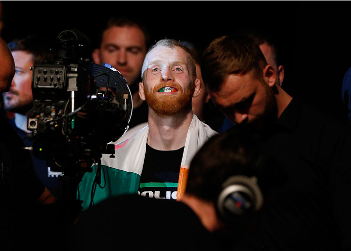 DUBLIN, IRELAND - JULY 19: Patrick Holohan enters the arena before his flyweight bout against Josh Sampo during the UFC Fight Night event at The O2 Dublin on July 19, 2014 in Dublin, Ireland. (Photo by Josh Hedges/Zuffa LLC/Zuffa LLC via Getty Images)