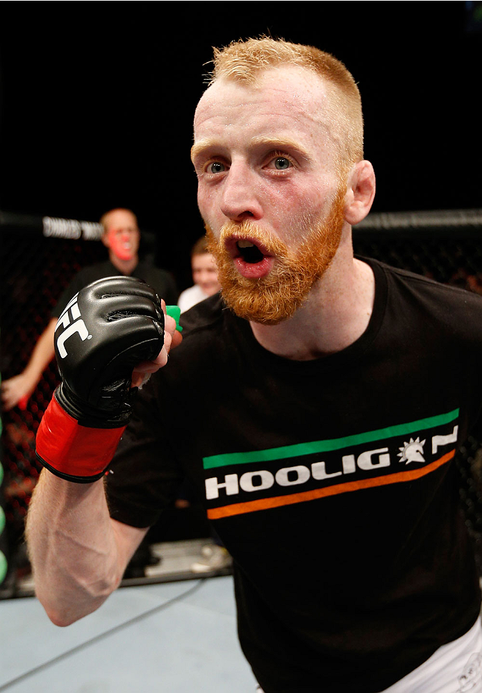 DUBLIN, IRELAND - JULY 19: Patrick Holohan celebrates after his submission victory over Josh Sampo in their flyweight bout during the UFC Fight Night event at The O2 Dublin on July 19, 2014 in Dublin, Ireland. (Photo by Josh Hedges/Zuffa LLC/Zuffa LLC v