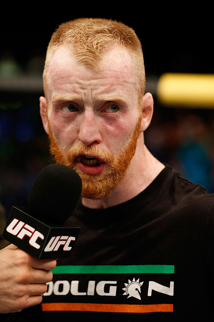 DUBLIN, IRELAND - JULY 19: Patrick Holohan is interviewed after his submission victory over Josh Sampo in their flyweight bout during the UFC Fight Night event at The O2 Dublin on July 19, 2014 in Dublin, Ireland. (Photo by Josh Hedges/Zuffa LLC/Zuffa L