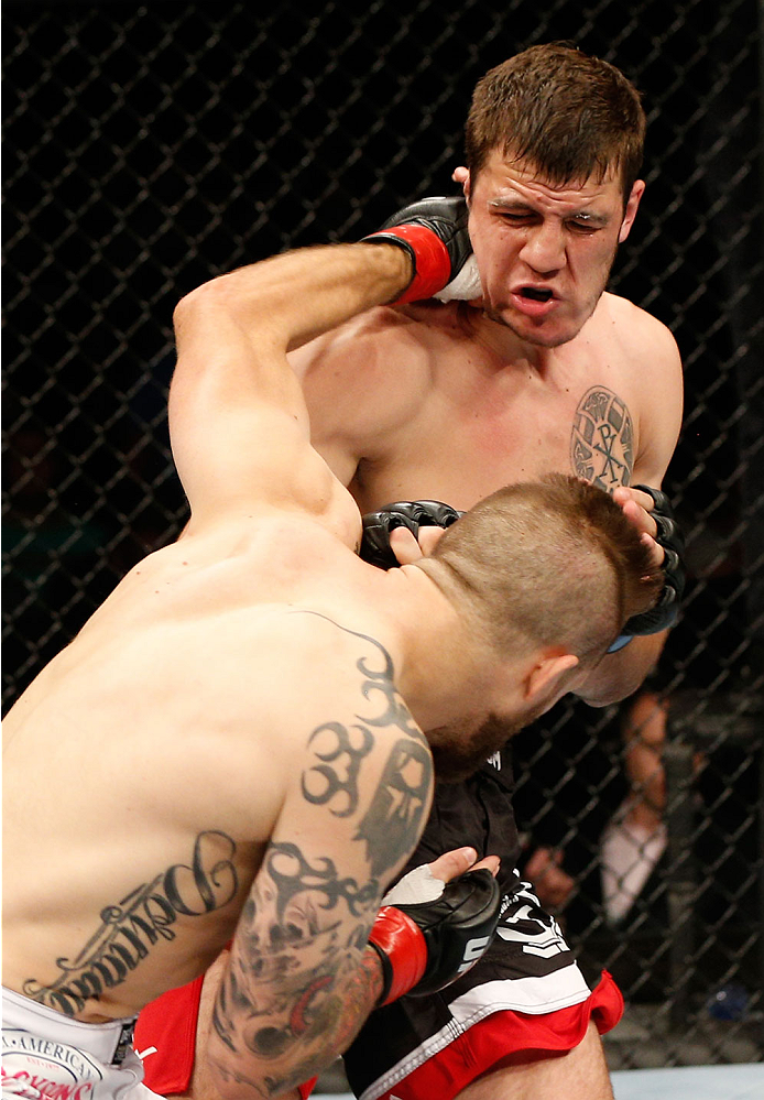 DUBLIN, IRELAND - JULY 19: (L-R) Cody Donovan lands a left to the head of Nikita Krylov in their light heavyweight bout during the UFC Fight Night event at The O2 Dublin on July 19, 2014 in Dublin, Ireland. (Photo by Josh Hedges/Zuffa LLC/Zuffa LLC via