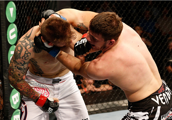 DUBLIN, IRELAND - JULY 19: (L-R) Cody Donovan lands a left against Nikita Krylov in their light heavyweight bout during the UFC Fight Night event at The O2 Dublin on July 19, 2014 in Dublin, Ireland. (Photo by Josh Hedges/Zuffa LLC/Zuffa LLC via Getty I