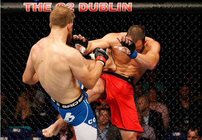 DUBLIN, IRELAND - JULY 19: (L-R) Tor Troeng kicks Trevor Smith in their middleweight bout during the UFC Fight Night event at The O2 Dublin on July 19, 2014 in Dublin, Ireland. (Photo by Josh Hedges/Zuffa LLC/Zuffa LLC via Getty Images)