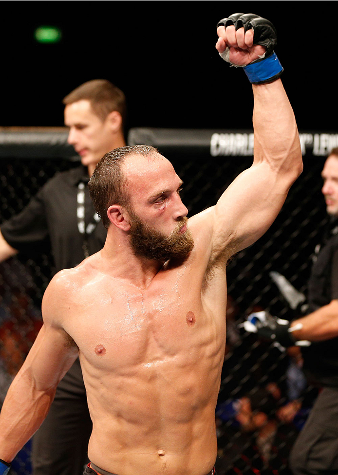DUBLIN, IRELAND - JULY 19: Trevor Smith celebrates after the conclusion of his middleweight bout against Tor Troeng during the UFC Fight Night event at The O2 Dublin on July 19, 2014 in Dublin, Ireland. (Photo by Josh Hedges/Zuffa LLC/Zuffa LLC via Gett