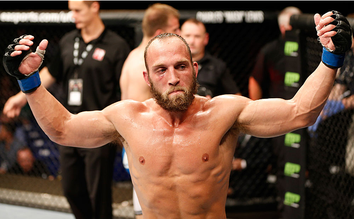 DUBLIN, IRELAND - JULY 19: Trevor Smith celebrates after the conclusion of his middleweight bout against Tor Troeng during the UFC Fight Night event at The O2 Dublin on July 19, 2014 in Dublin, Ireland. (Photo by Josh Hedges/Zuffa LLC/Zuffa LLC via Gett