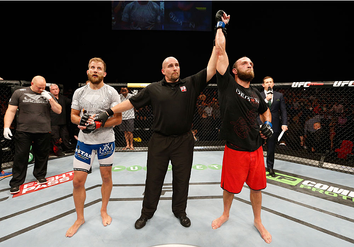 DUBLIN, IRELAND - JULY 19: Trevor Smith celebrates after his unanimous-decision victory over Tor Troeng in their middleweight bout during the UFC Fight Night event at The O2 Dublin on July 19, 2014 in Dublin, Ireland. (Photo by Josh Hedges/Zuffa LLC/Zuf