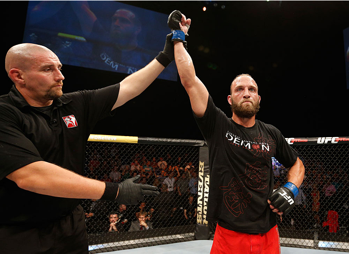 DUBLIN, IRELAND - JULY 19: Trevor Smith celebrates after his unanimous-decision victory over Tor Troeng in their middleweight bout during the UFC Fight Night event at The O2 Dublin on July 19, 2014 in Dublin, Ireland. (Photo by Josh Hedges/Zuffa LLC/Zuf