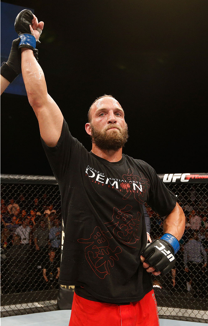 DUBLIN, IRELAND - JULY 19: Trevor Smith celebrates after his unanimous-decision victory over Tor Troeng in their middleweight bout during the UFC Fight Night event at The O2 Dublin on July 19, 2014 in Dublin, Ireland. (Photo by Josh Hedges/Zuffa LLC/Zuf