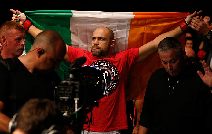 DUBLIN, IRELAND - JULY 19: Cathal Pendred of Dublin enters the arena before his middleweight bout against Mike King during the UFC Fight Night event at The O2 Dublin on July 19, 2014 in Dublin, Ireland. (Photo by Josh Hedges/Zuffa LLC/Zuffa LLC via Gett