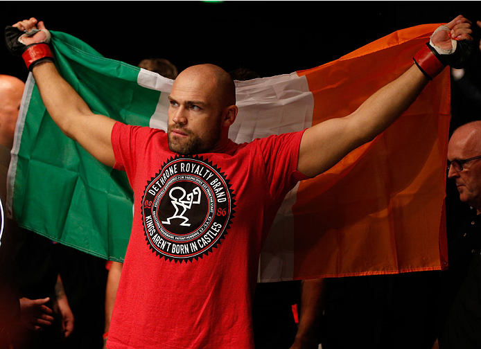 DUBLIN, IRELAND - JULY 19: Cathal Pendred of Dublin enters the arena before his middleweight bout against Mike King during the UFC Fight Night event at The O2 Dublin on July 19, 2014 in Dublin, Ireland. (Photo by Josh Hedges/Zuffa LLC/Zuffa LLC via Gett