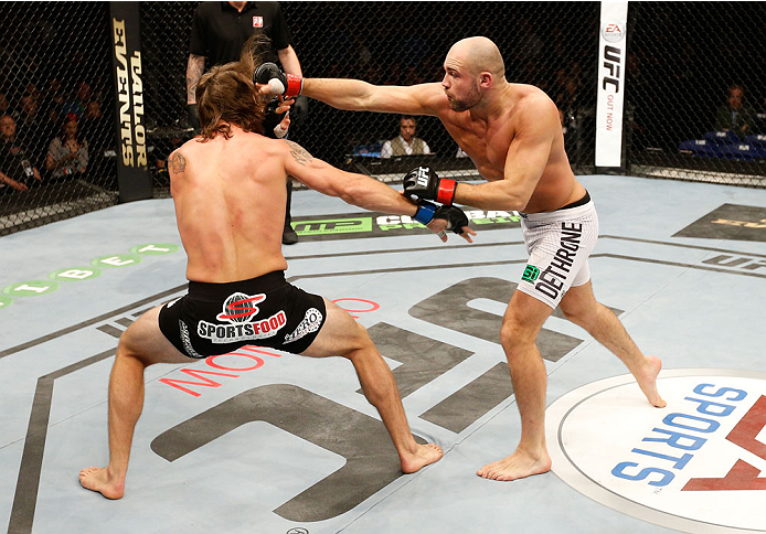 DUBLIN, IRELAND - JULY 19: Cathal Pendred of Dublin lands a right to the head of Mike King in their middleweight bout during the UFC Fight Night event at The O2 Dublin on July 19, 2014 in Dublin, Ireland. (Photo by Josh Hedges/Zuffa LLC/Zuffa LLC via Ge