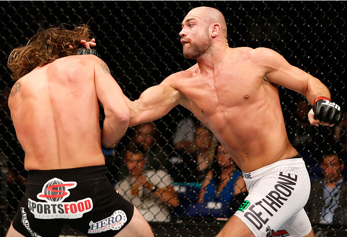DUBLIN, IRELAND - JULY 19: (R-L) Cathal Pendred lands an uppercut against Mike King in their middleweight bout during the UFC Fight Night event at The O2 Dublin on July 19, 2014 in Dublin, Ireland. (Photo by Josh Hedges/Zuffa LLC/Zuffa LLC via Getty Ima