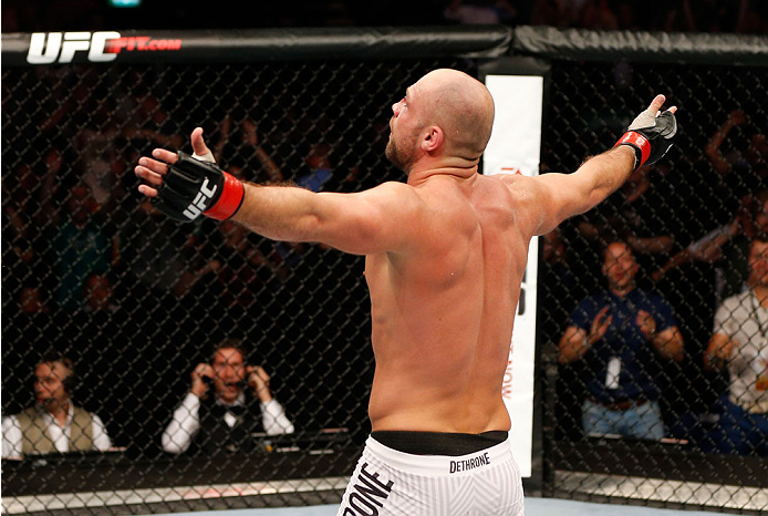 DUBLIN, IRELAND - JULY 19: Cathal Pendred celebrates after his submission victory over Mike King in their middleweight bout during the UFC Fight Night event at The O2 Dublin on July 19, 2014 in Dublin, Ireland. (Photo by Josh Hedges/Zuffa LLC/Zuffa LLC