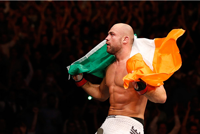 DUBLIN, IRELAND - JULY 19: Cathal Pendred celebrates after his submission victory over Mike King in their middleweight bout during the UFC Fight Night event at The O2 Dublin on July 19, 2014 in Dublin, Ireland. (Photo by Josh Hedges/Zuffa LLC/Zuffa LLC