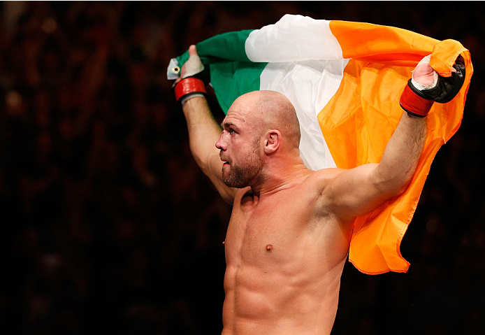 DUBLIN, IRELAND - JULY 19: Cathal Pendred celebrates after his submission victory over Mike King in their middleweight bout during the UFC Fight Night event at The O2 Dublin on July 19, 2014 in Dublin, Ireland. (Photo by Josh Hedges/Zuffa LLC/Zuffa LLC