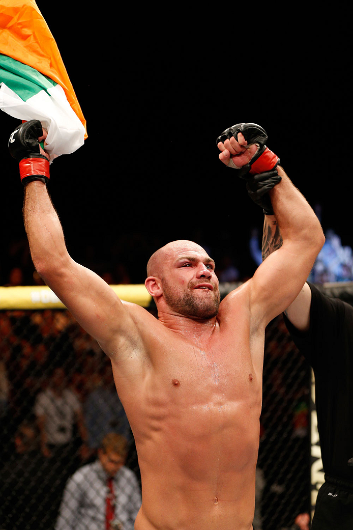 DUBLIN, IRELAND - JULY 19: Cathal Pendred celebrates after his submission victory over Mike King in their middleweight bout during the UFC Fight Night event at The O2 Dublin on July 19, 2014 in Dublin, Ireland. (Photo by Josh Hedges/Zuffa LLC/Zuffa LLC