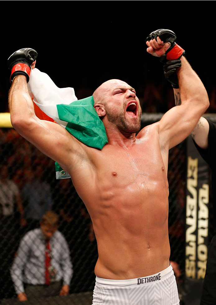 DUBLIN, IRELAND - JULY 19: Cathal Pendred celebrates after his submission victory over Mike King in their middleweight bout during the UFC Fight Night event at The O2 Dublin on July 19, 2014 in Dublin, Ireland. (Photo by Josh Hedges/Zuffa LLC/Zuffa LLC