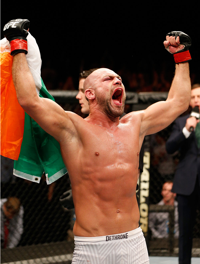 DUBLIN, IRELAND - JULY 19: Cathal Pendred celebrates after his submission victory over Mike King in their middleweight bout during the UFC Fight Night event at The O2 Dublin on July 19, 2014 in Dublin, Ireland. (Photo by Josh Hedges/Zuffa LLC/Zuffa LLC