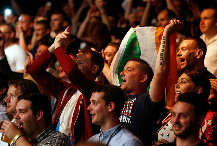 DUBLIN, IRELAND - JULY 19: A general view of fans cheering on Dublin's Cathal Pendred as he battles Mike King in a middleweight bout during the UFC Fight Night event at The O2 Dublin on July 19, 2014 in Dublin, Ireland. (Photo by Josh Hedges/Zuffa LLC/Z